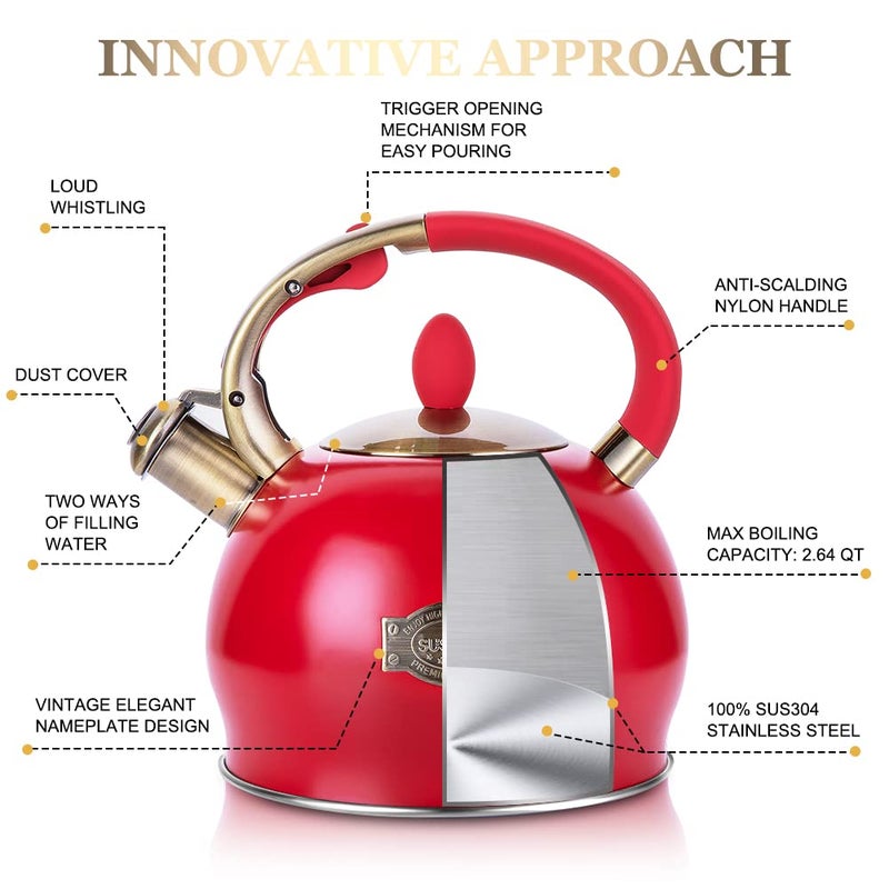 SUSTEAS Stove Top Whistling Tea Kettle - Food Grade Stainless Steel Teakettle Teapot with Cool Touch Ergonomic Handle, With 1 Silicone Pinch Mitt Included, 2.64 Quart(RED) - Image 2